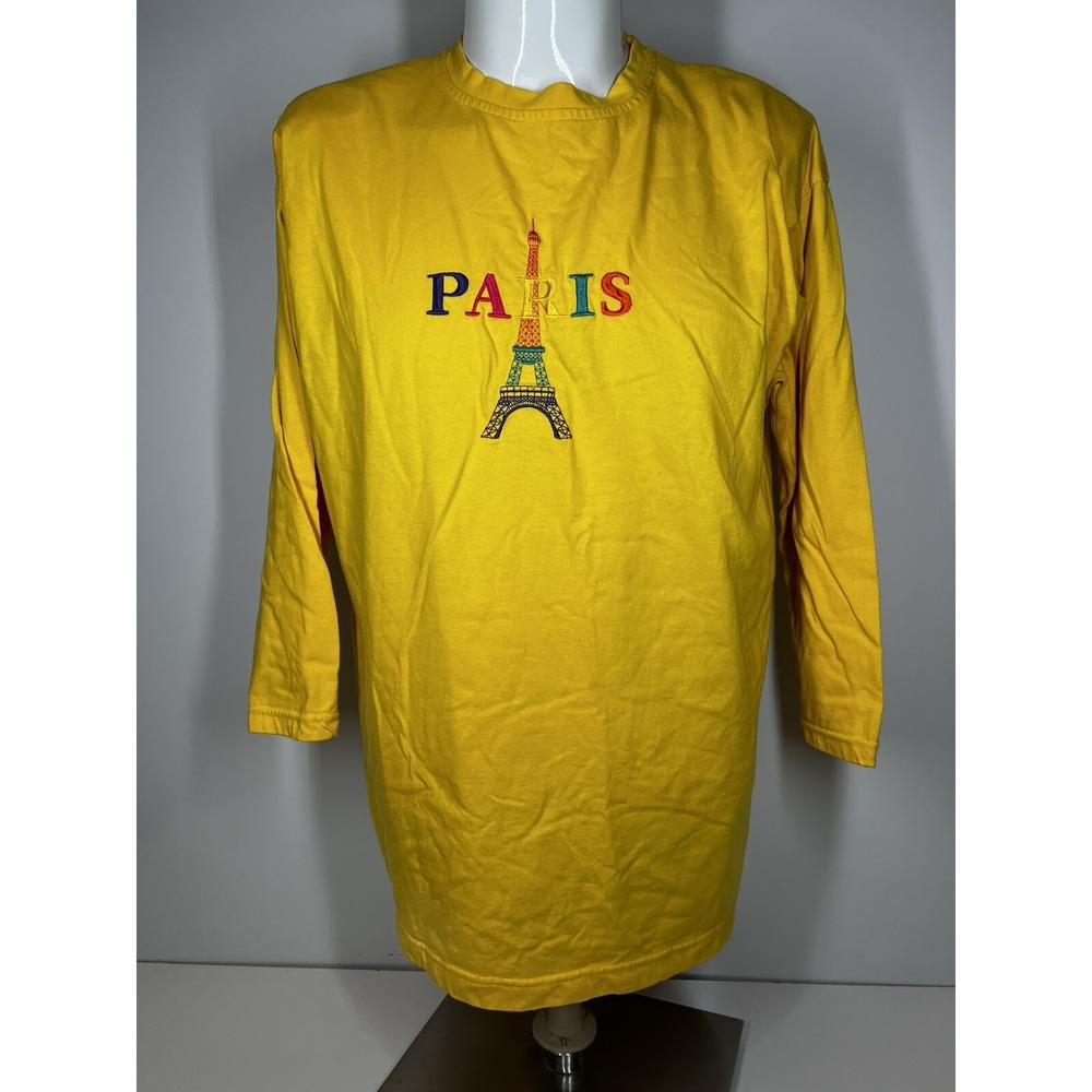 Vintage 90s Fast Fashion Embroidered Paris 3/4 Sleeve Shirt SZ Med Yellow Travel
